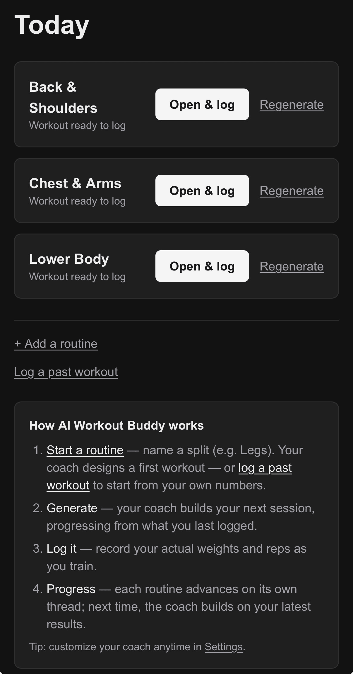 A lifter's session screen for the day, showing the planned exercises, sets, and target loads.